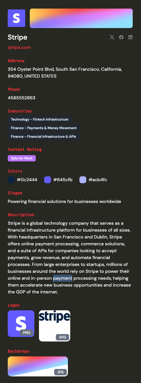 Stripe brand visualization showing extracted logos and colors