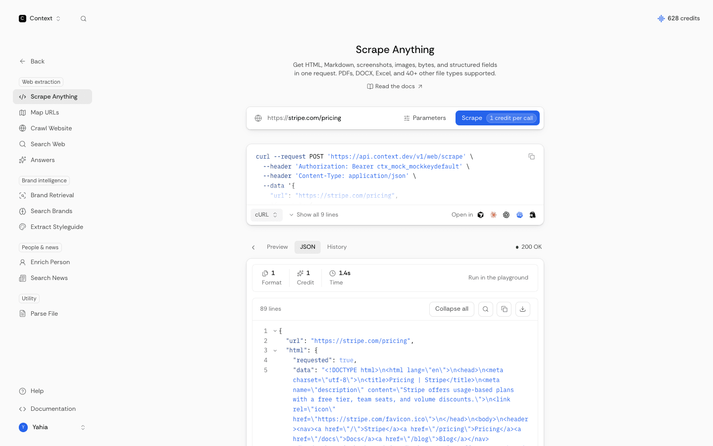 Context.dev dashboard: API preview