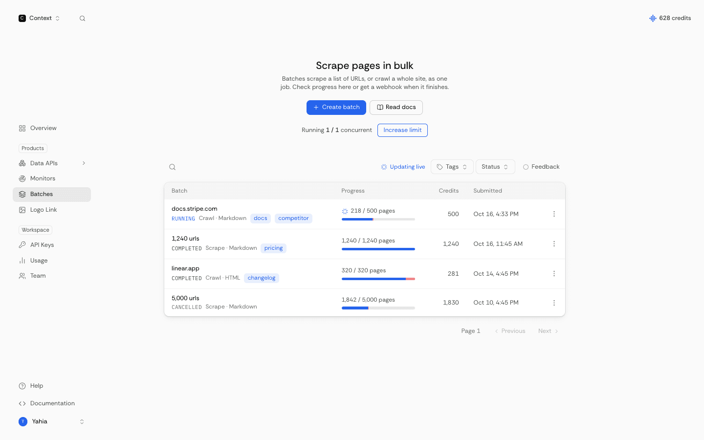 Context.dev dashboard: Batches