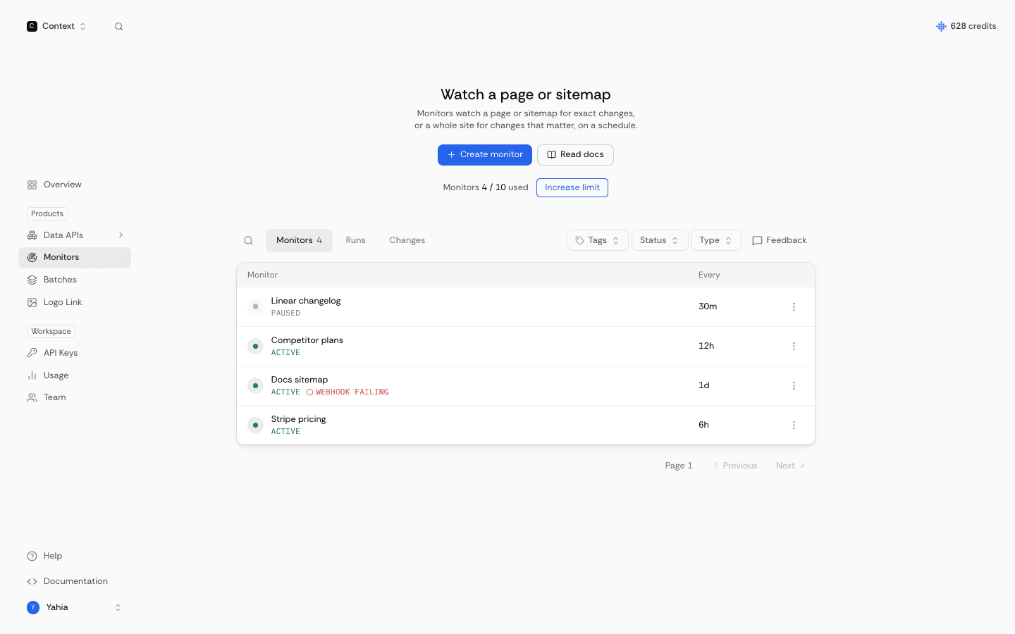 Context.dev dashboard: Monitors