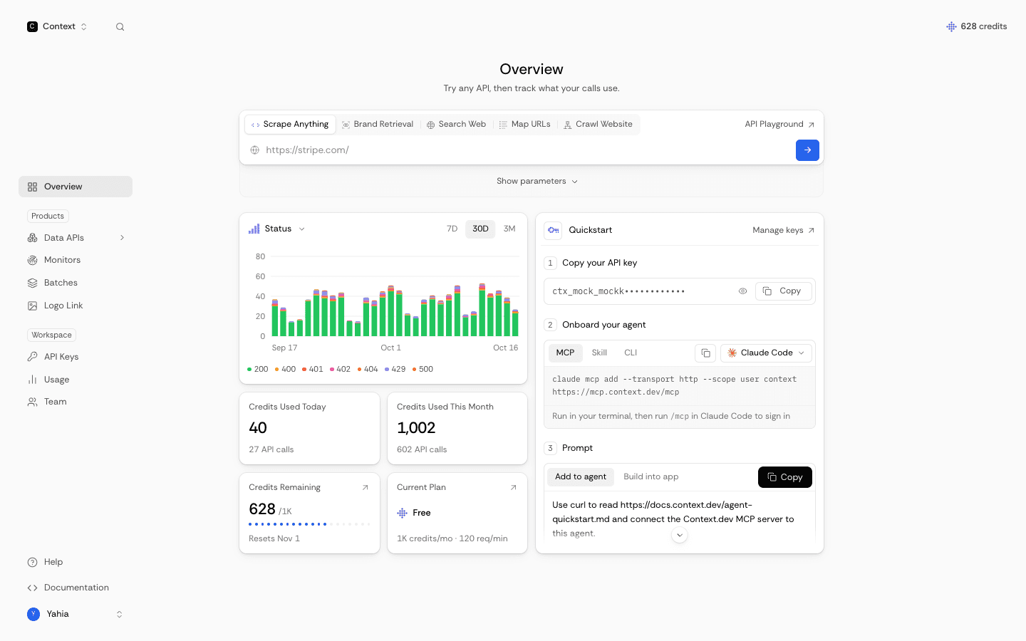 Context.dev dashboard: Overview