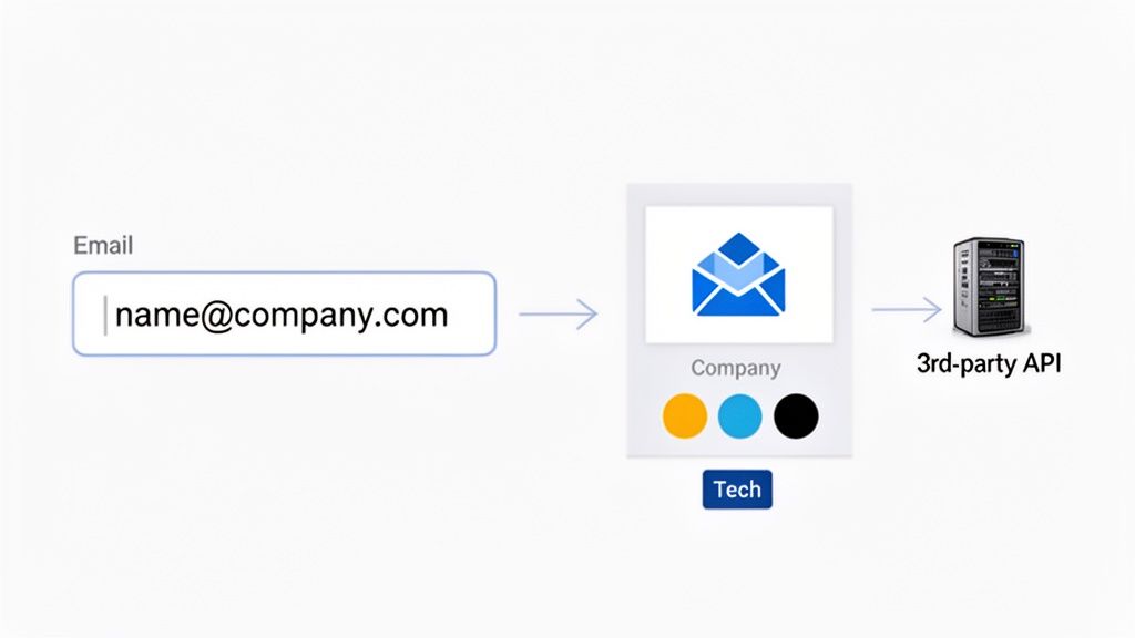 Flowchart illustrating an email input leading to company data retrieval via a 3rd-party API.