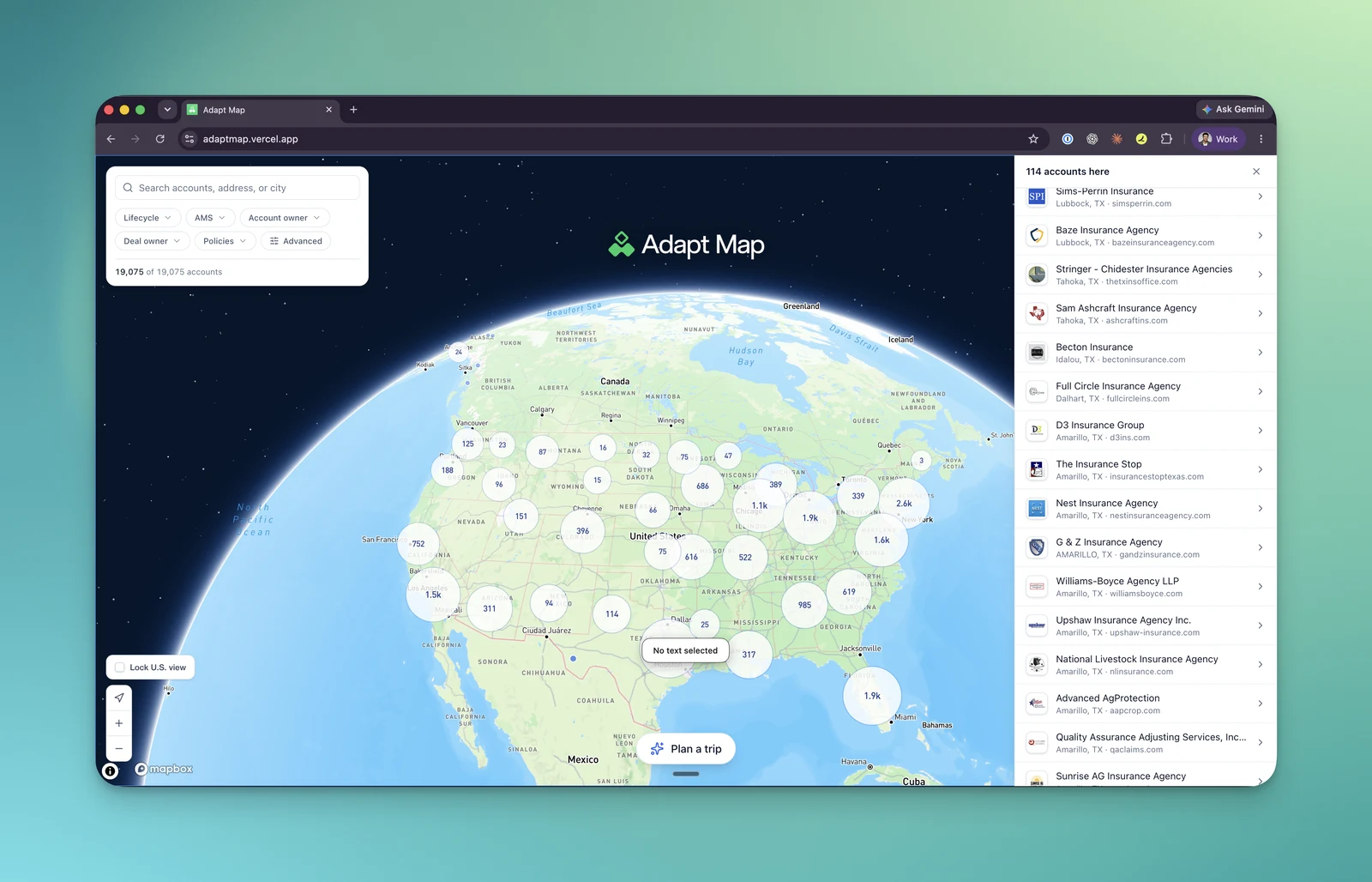 Adapt Map, Adapt's internal account map, showing over 19,000 CRM accounts with company logos served through Context.dev's Logo Link