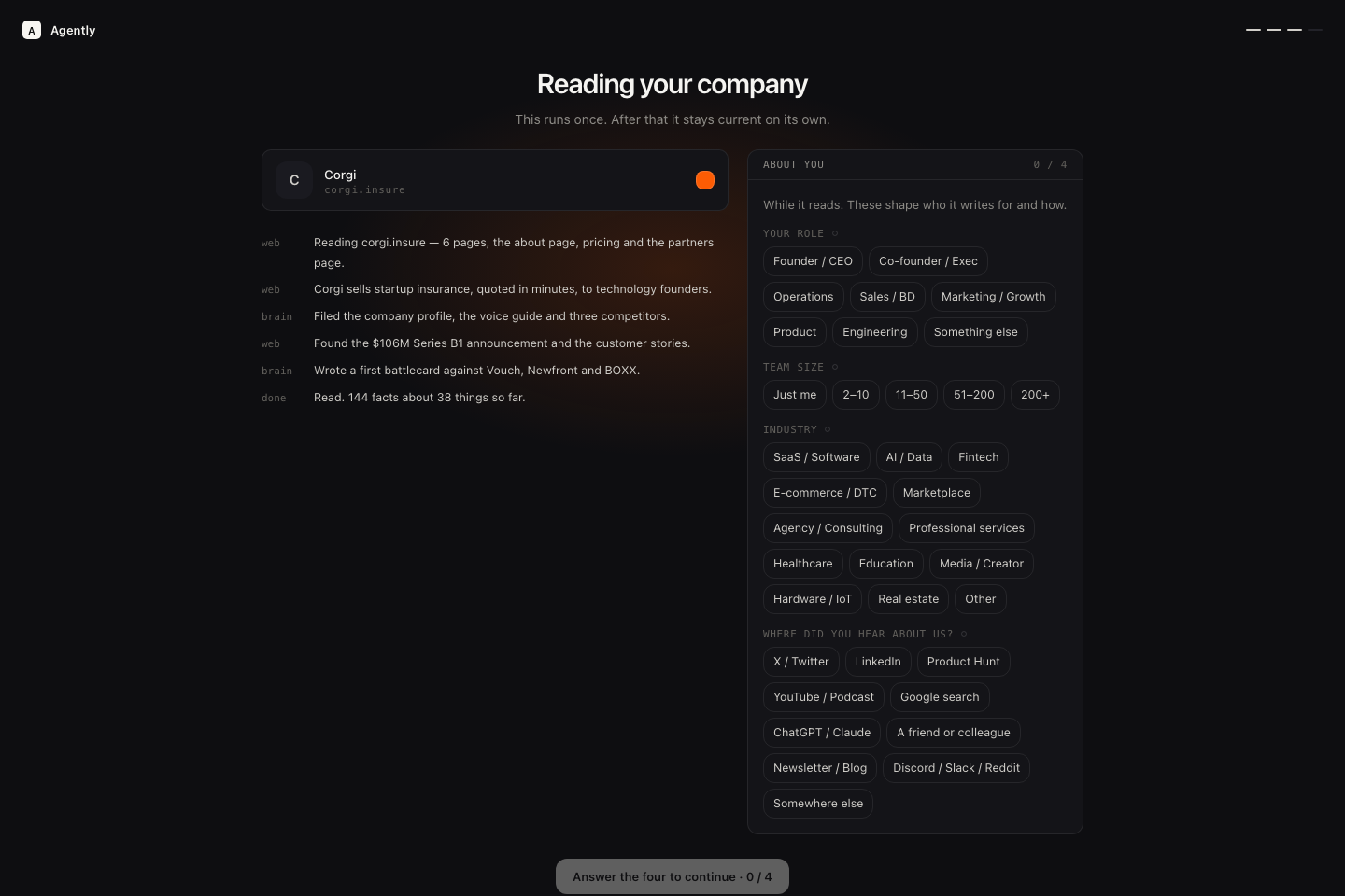 Agently's Reading your company onboarding screen showing website research, a company profile, a voice guide, and competitor findings alongside a short signup questionnaire.