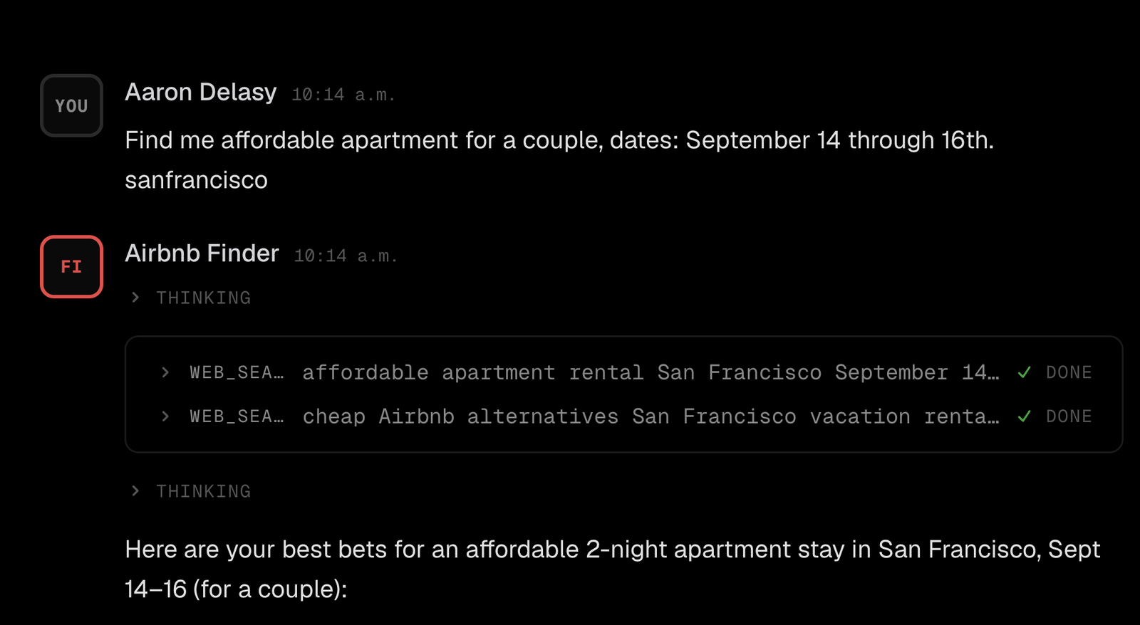 An Aldena Airbnb Finder agent using Context.dev to run multiple web searches for an affordable apartment in San Francisco