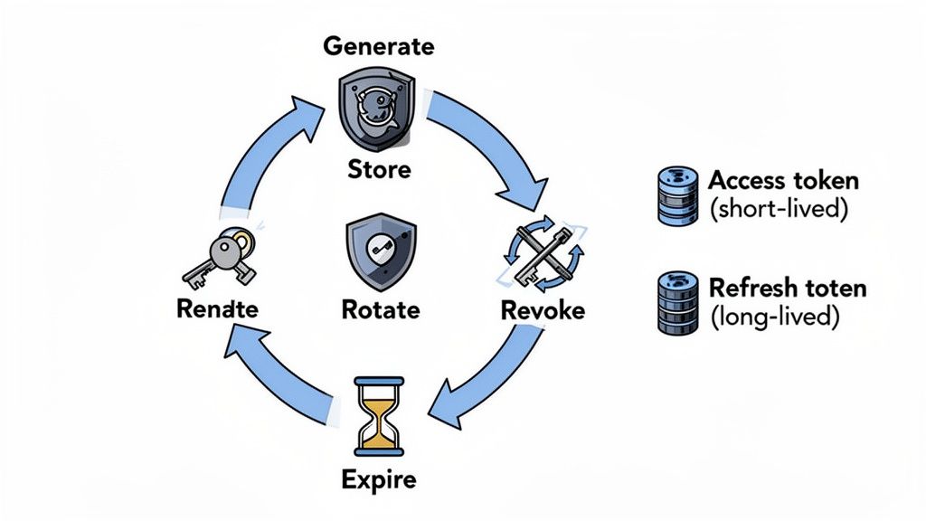 A cyclical diagram illustrating the lifecycle of security tokens, including generate, store, rotate, revoke, expire, and renew.