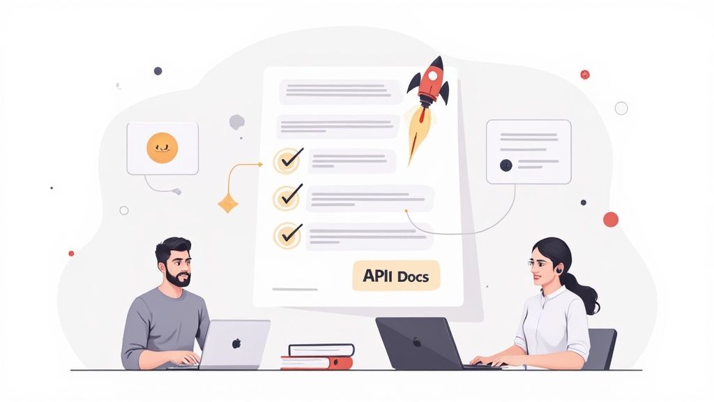 Two people collaborate on laptops, reviewing 'API Docs' with a checklist and launching rocket.