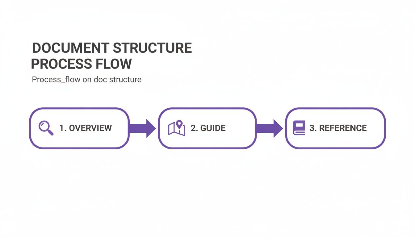 A document structure process flow diagram with steps: 1. Overview, 2. Guide, and 3. Reference.