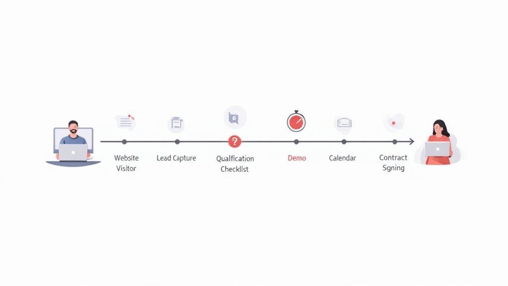 A flowchart illustrating a sales process, showing stages from lead generation to closing a deal.