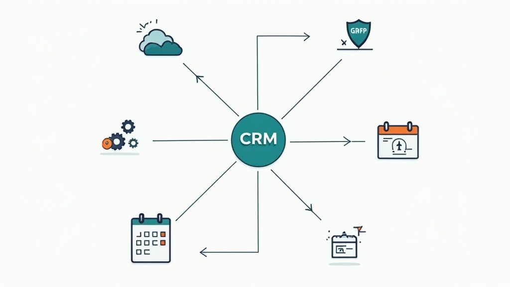 Visual representation of data flowing from various sources into a central technology stack