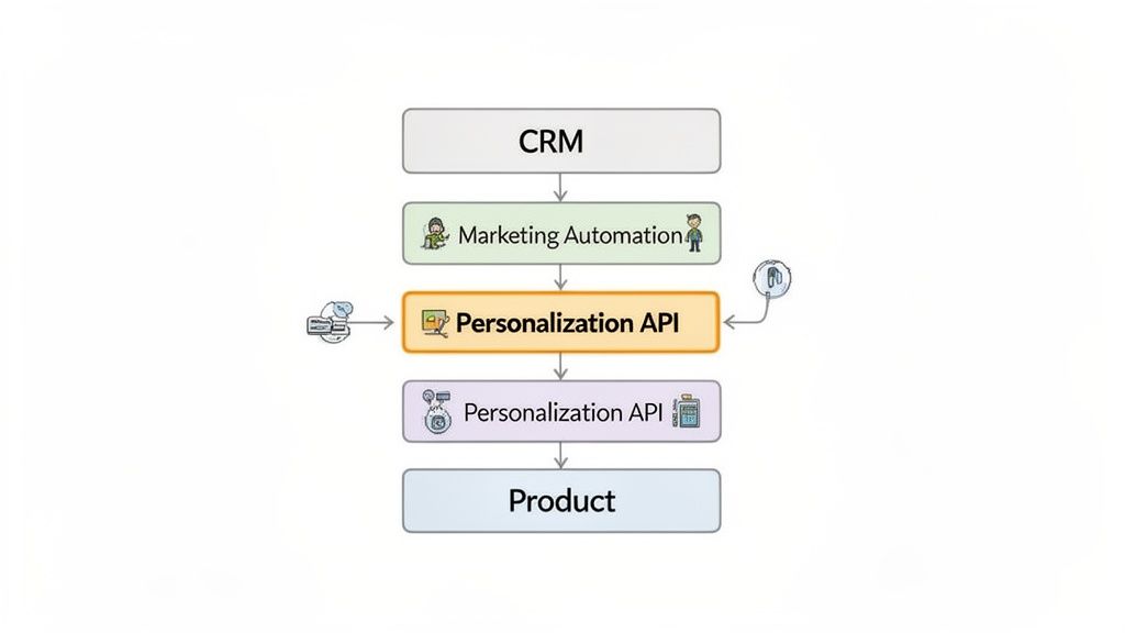 Diagram illustrates a workflow from CRM through Marketing Automation and Personalization APIs to the Product.