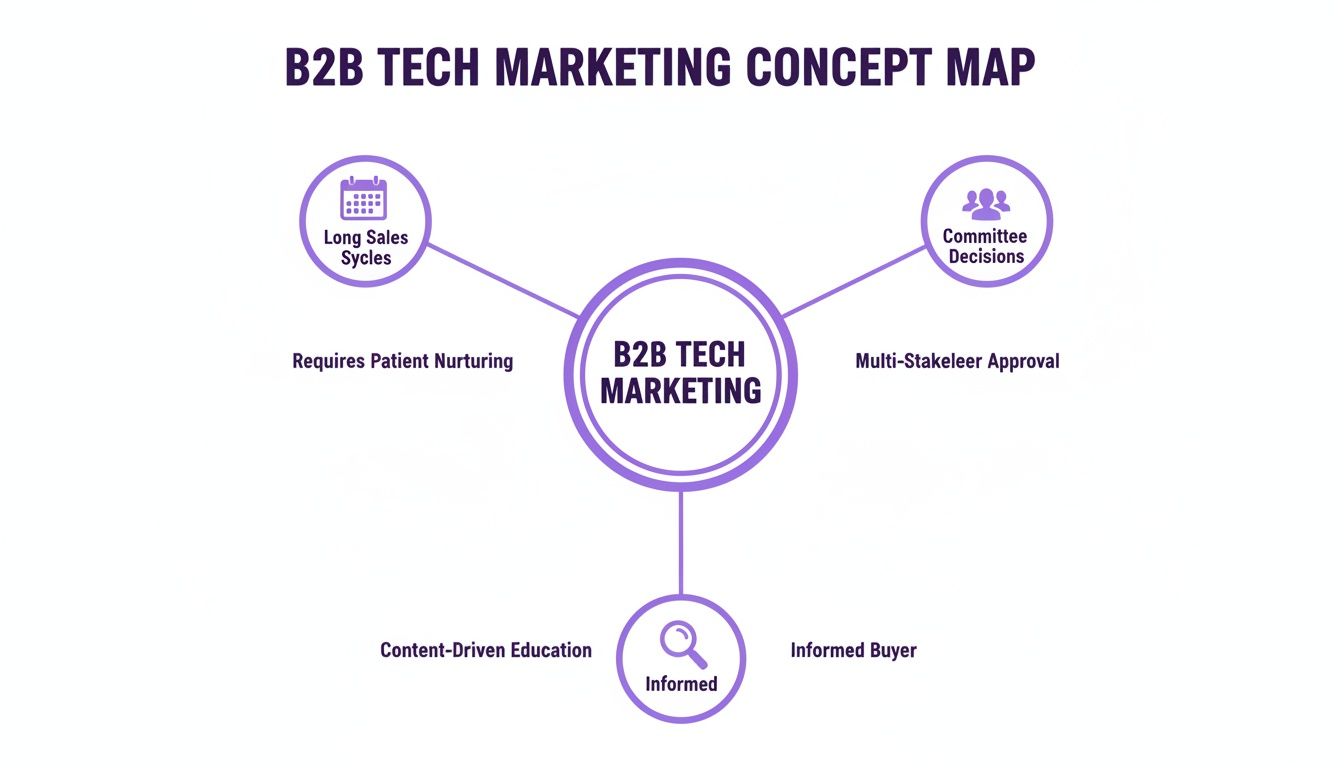 A concept map illustrating B2B tech marketing characteristics: long sales cycles, committee decisions, and informed buyers.