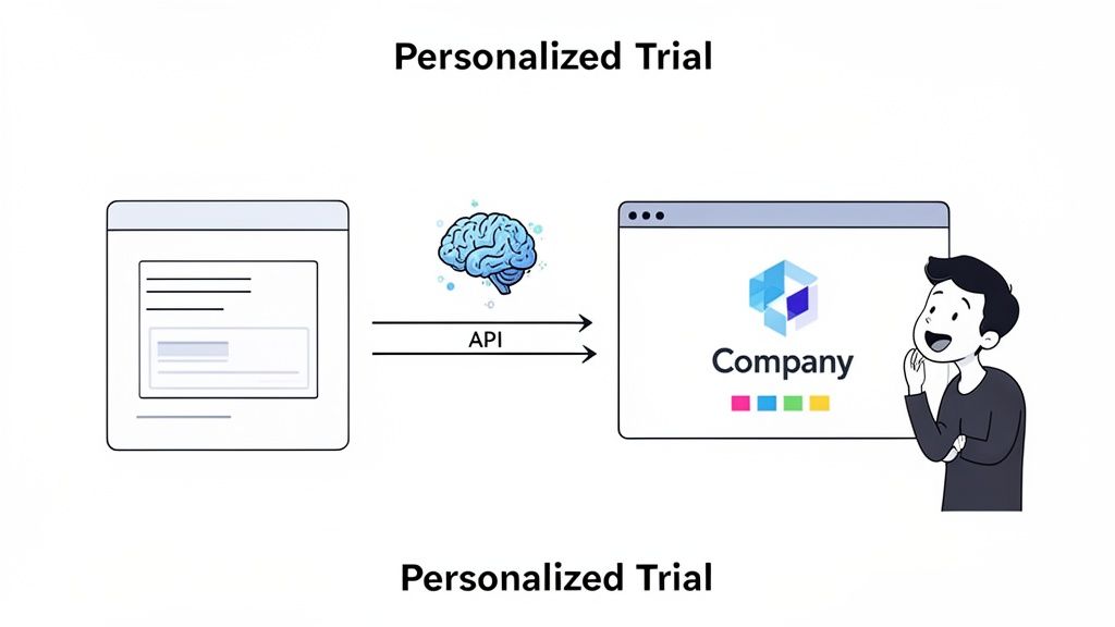 Diagram illustrating a personalized B2B tech trial, showing AI-powered API creating a custom company experience for a happy user.
