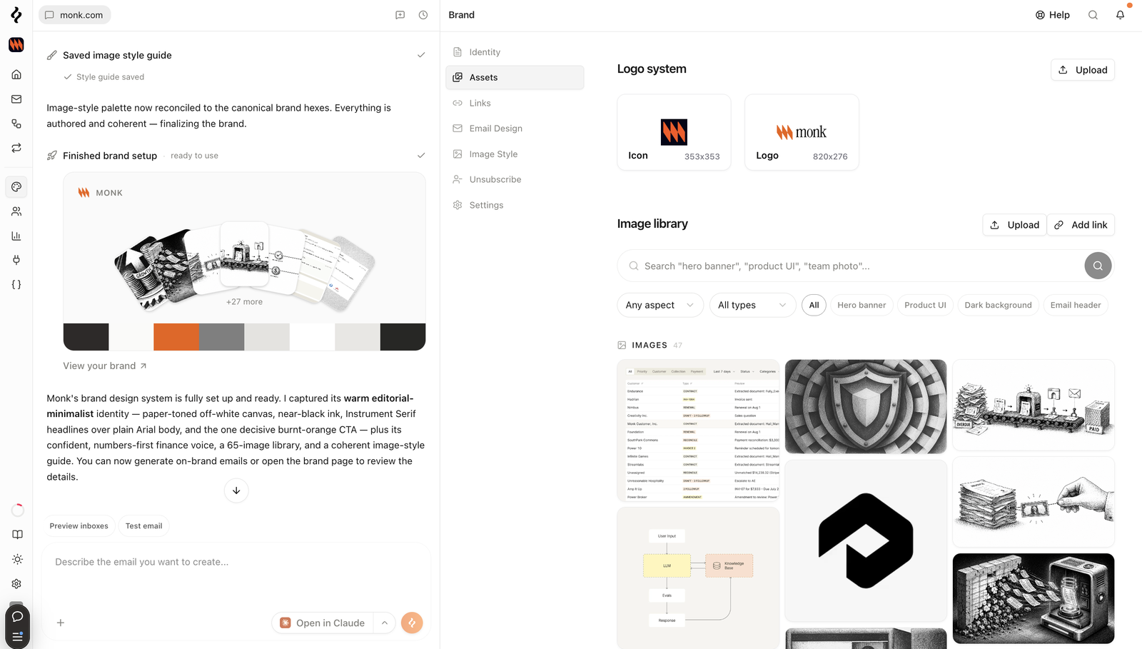 Brew's brand assets page showing an extracted logo system with icon and wordmark, plus an image library of 47 brand images filterable by hero banner, product UI, dark background, and email header