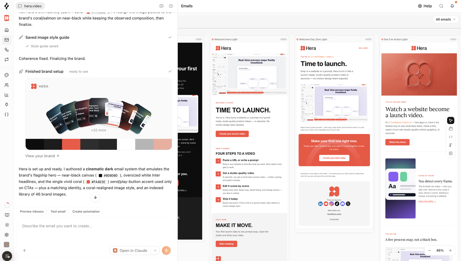 Brew generating a dark cinematic email system for Hera, with a near-black canvas, oversized white headlines, and a coral accent used only on call-to-action buttons