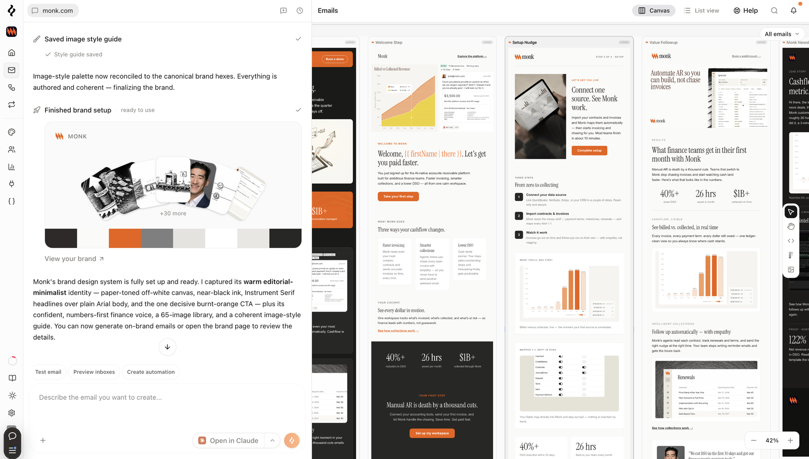 Brew generating a warm editorial email system for Monk, with a paper-toned off-white canvas, serif headlines, and a burnt-orange call-to-action button