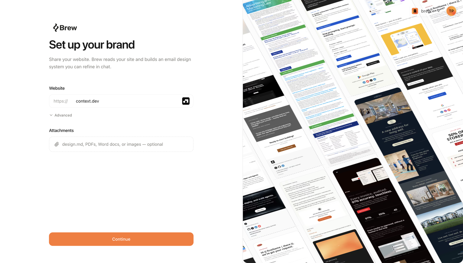 Brew's Set up your brand onboarding screen, where a user enters a website URL so Brew can read the site and build an email design system