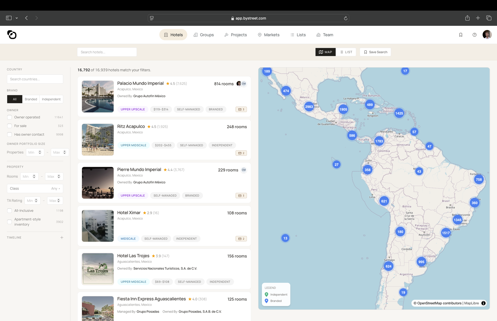 Bystreet's hotel intelligence map showing property records across Latin America and the Caribbean, with filters for brand, ownership, portfolio size, and property details