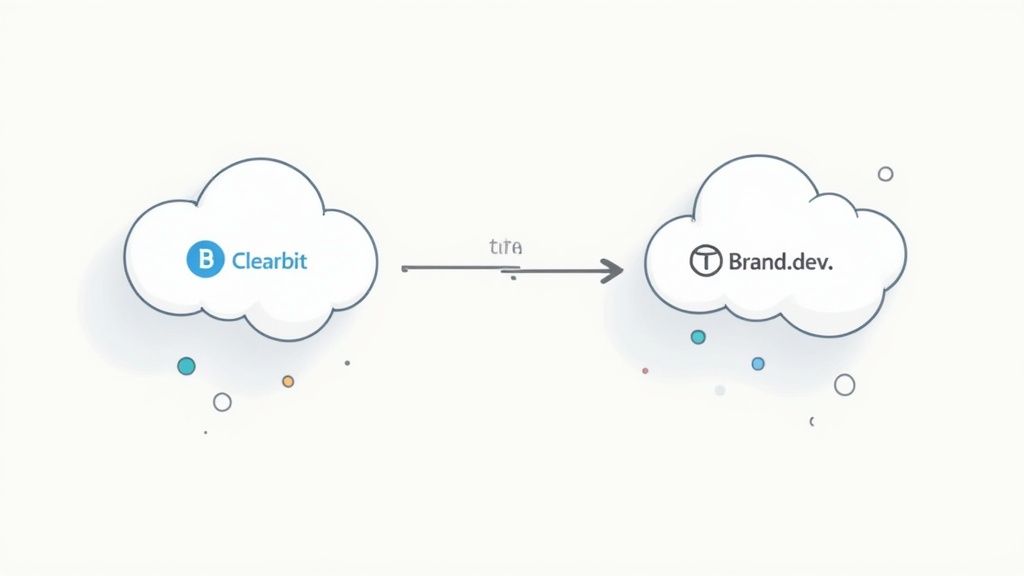 A diagram illustrating data flow from a Clearbit cloud to a Context.dev cloud, connected by an arrow.