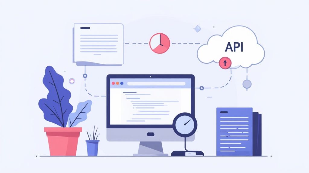 Developer at a computer, with API data streams flowing into a user interface mockup.