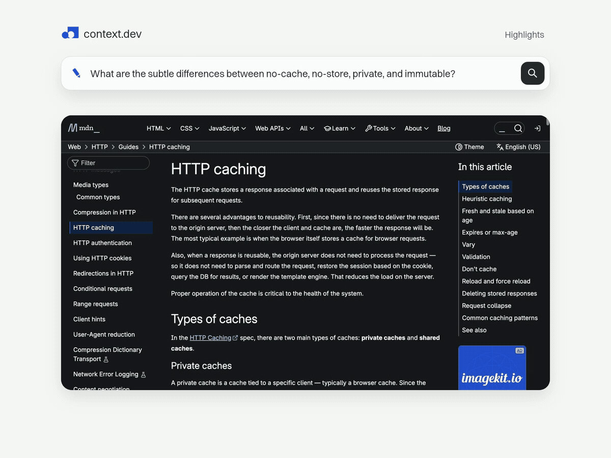 Context Highlights selects relevant passages from MDN’s HTTP caching guide.