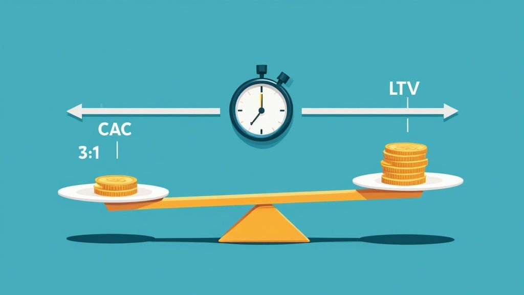 Balance scale comparing Customer Acquisition Cost (CAC) 3:1 to Customer Lifetime Value (LTV) with a stopwatch.