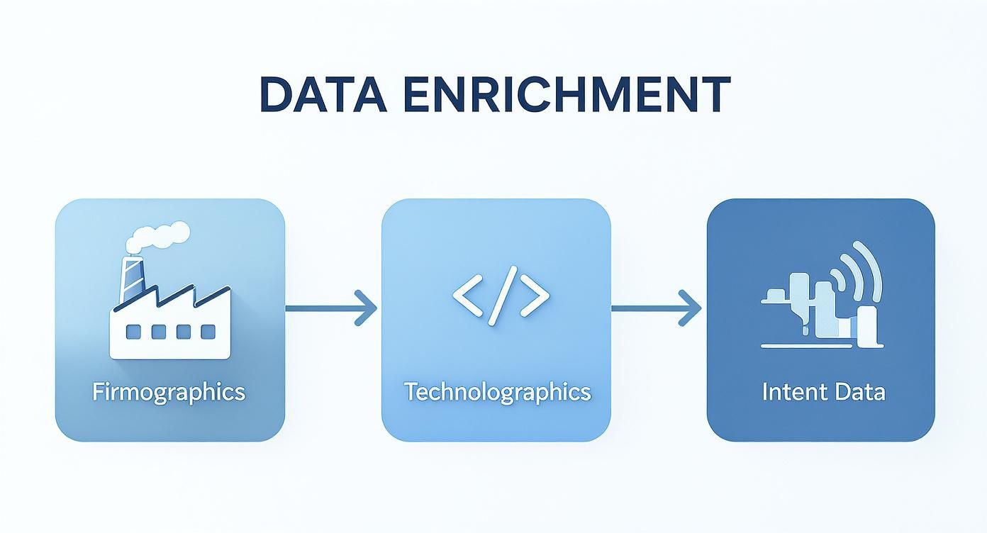 A visual diagram showing the data enrichment process, including firmographics, technolographics, and intent data.