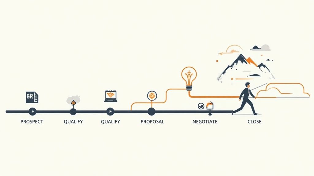 A visual sales process diagram showing steps from prospecting to closing a deal with a businessman.