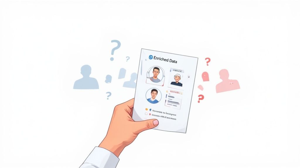 Illustration showing a hand holding a document labeled "Enriched Data" with profiles, amidst anonymous silhouettes.