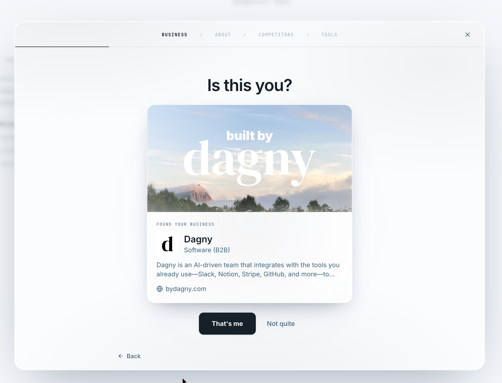 Dagny's onboarding screen recognizing a new user's business and preloading its company profile with Context.dev