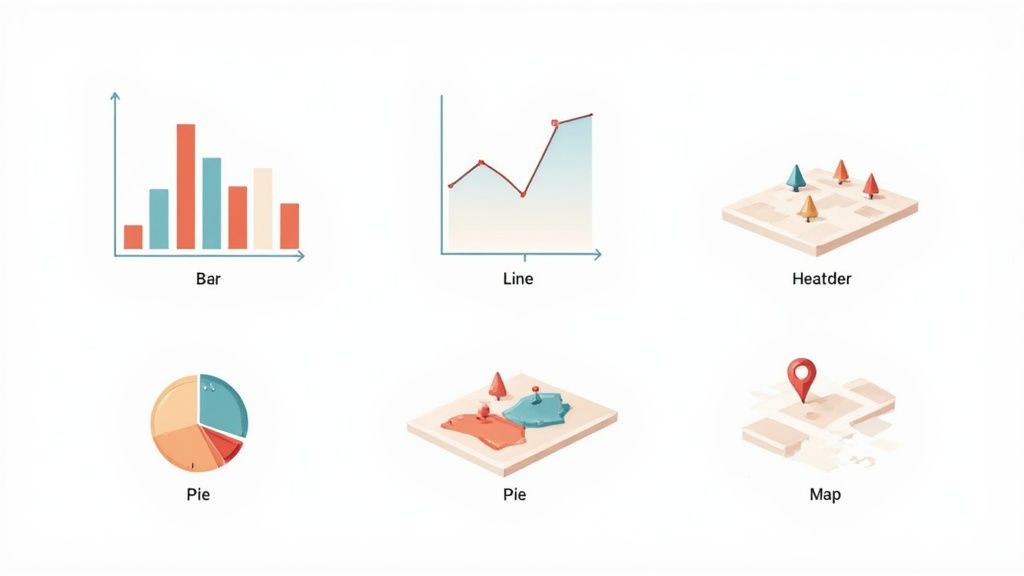 Six modern icons illustrating various data visualizations: bar, line, pie charts, and diverse map types.