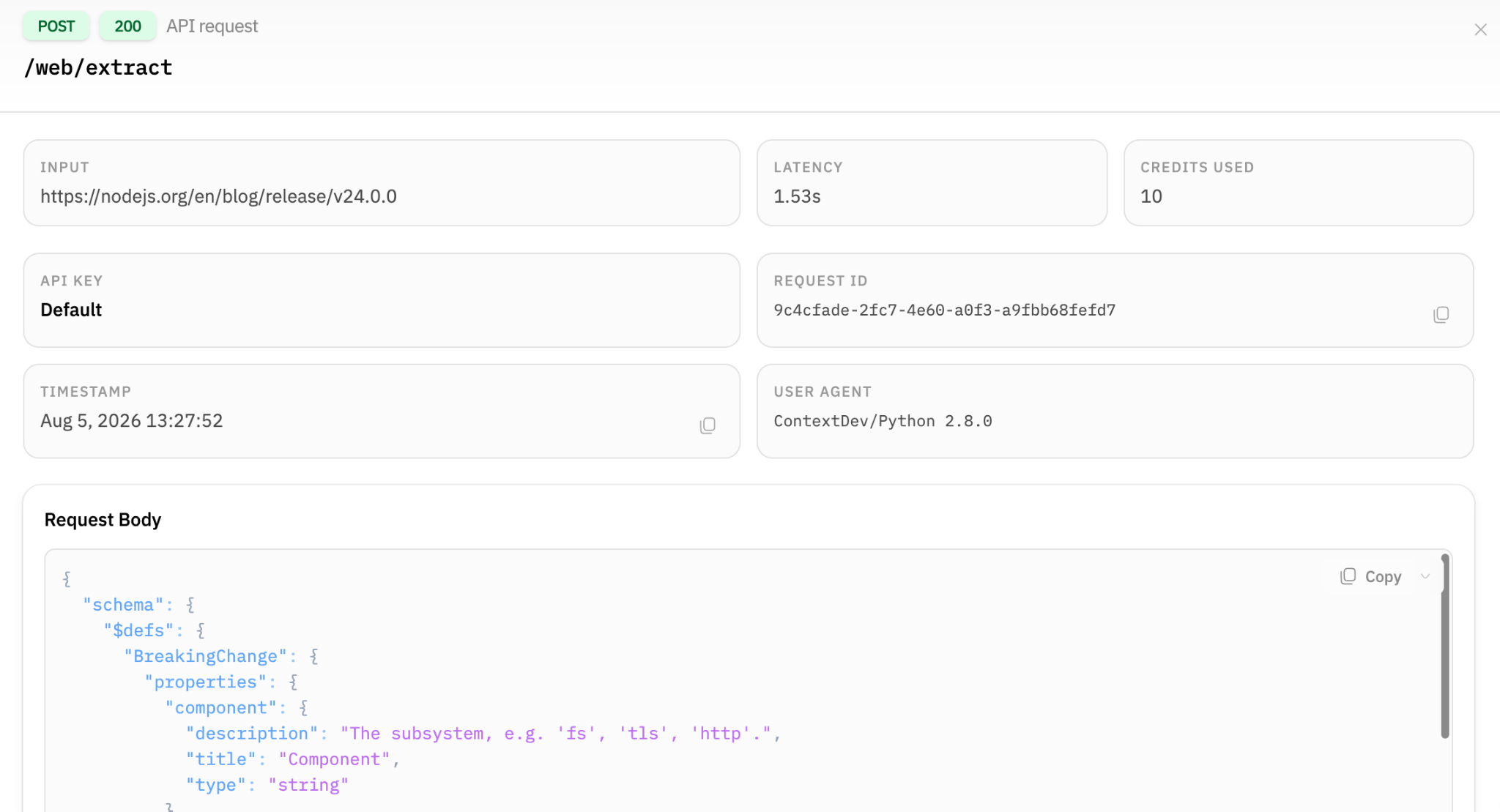 Context.dev dashboard detail for a POST /web/extract request: 200 status, 1.53s latency, 10 credits used, and the request body carrying the BreakingChange JSON Schema.