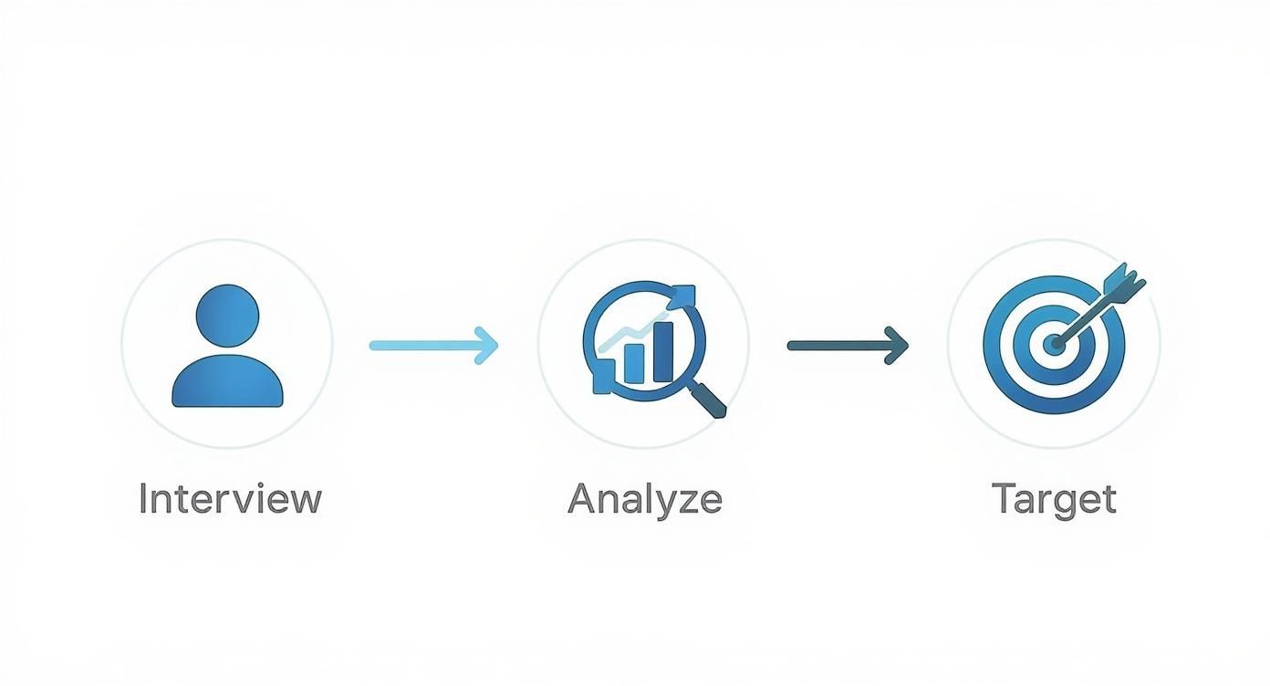 Infographic showing a three-step process for defining an Ideal Customer Profile: Interview, Analyze, and Target.