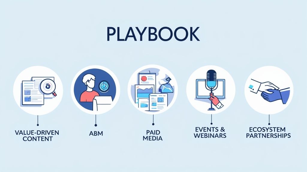 Playbook infographic showing five demand generation strategies: value-driven content, ABM, paid media, events and webinars, ecosystem partnerships