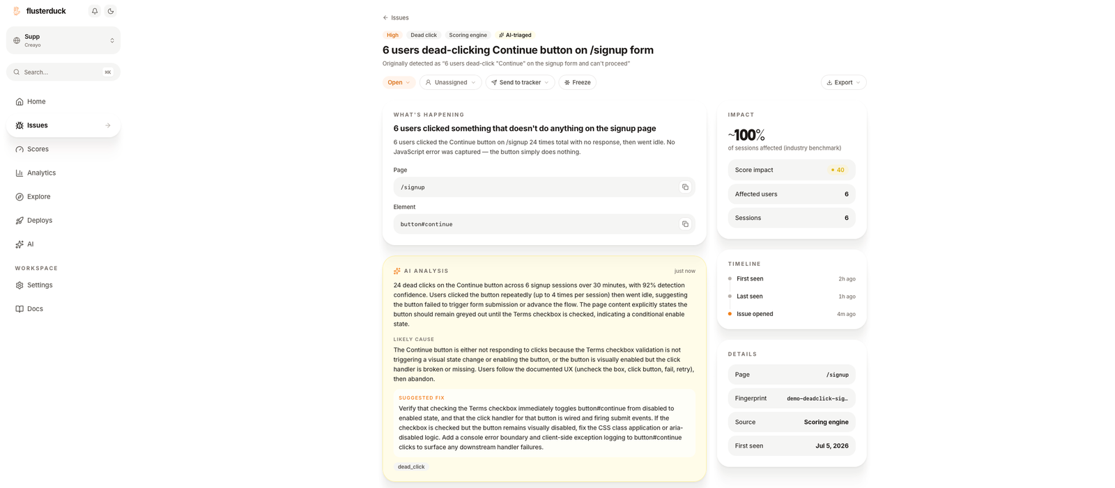 Flusterduck issue detail showing AI analysis for users dead-clicking a Continue button on a signup form