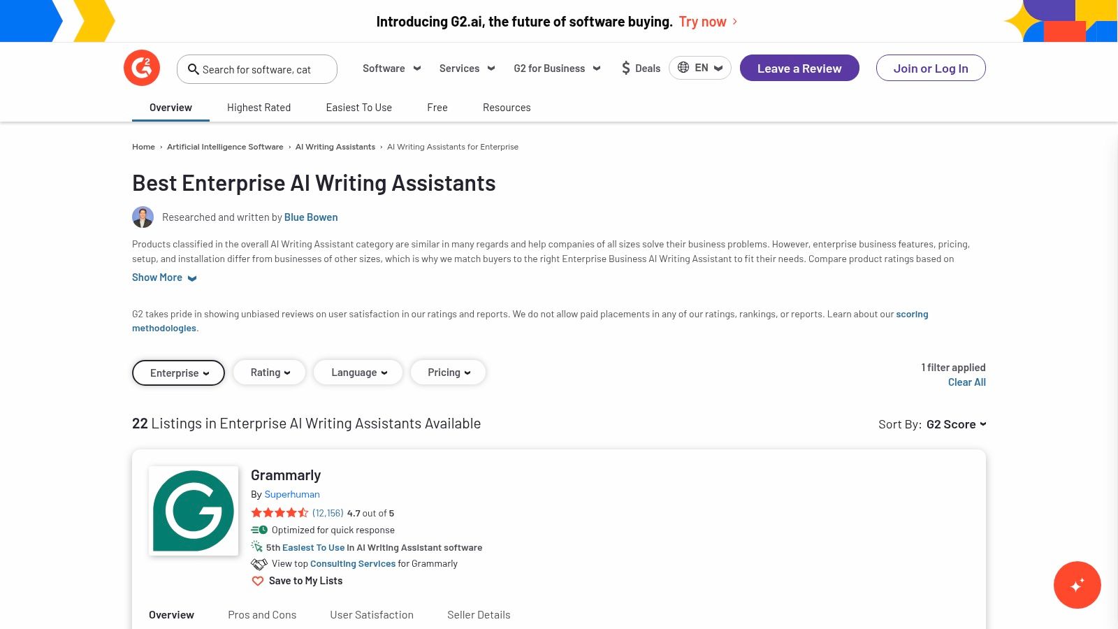 G2, AI Writing Assistants (category)