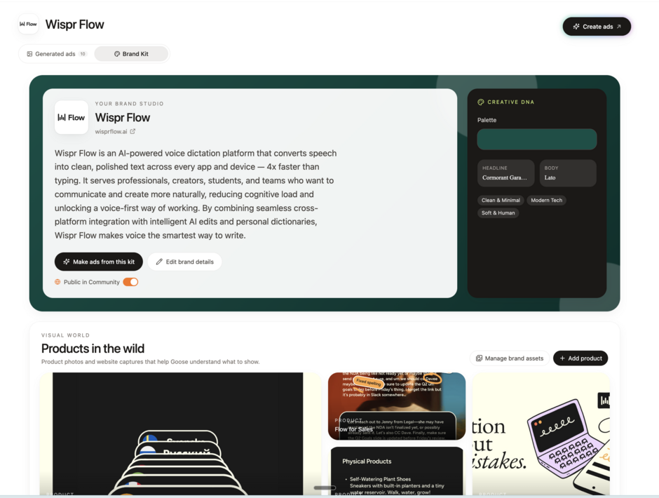 GooseWorks brand kit for Wispr Flow showing its brand summary, creative palette, and product references