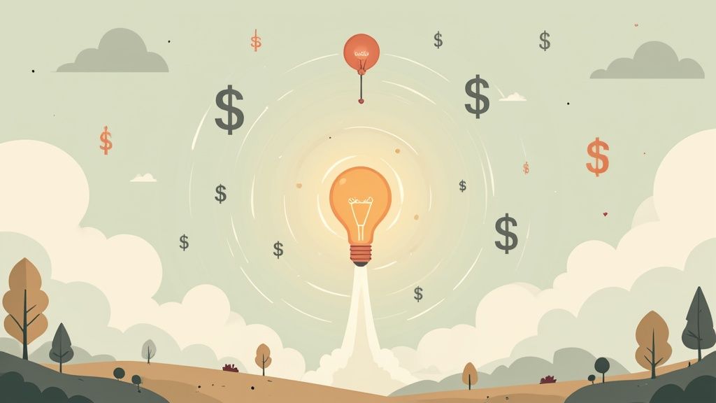 A single lightbulb glowing brightly in a dark room, symbolizing a new idea in an undefined market.