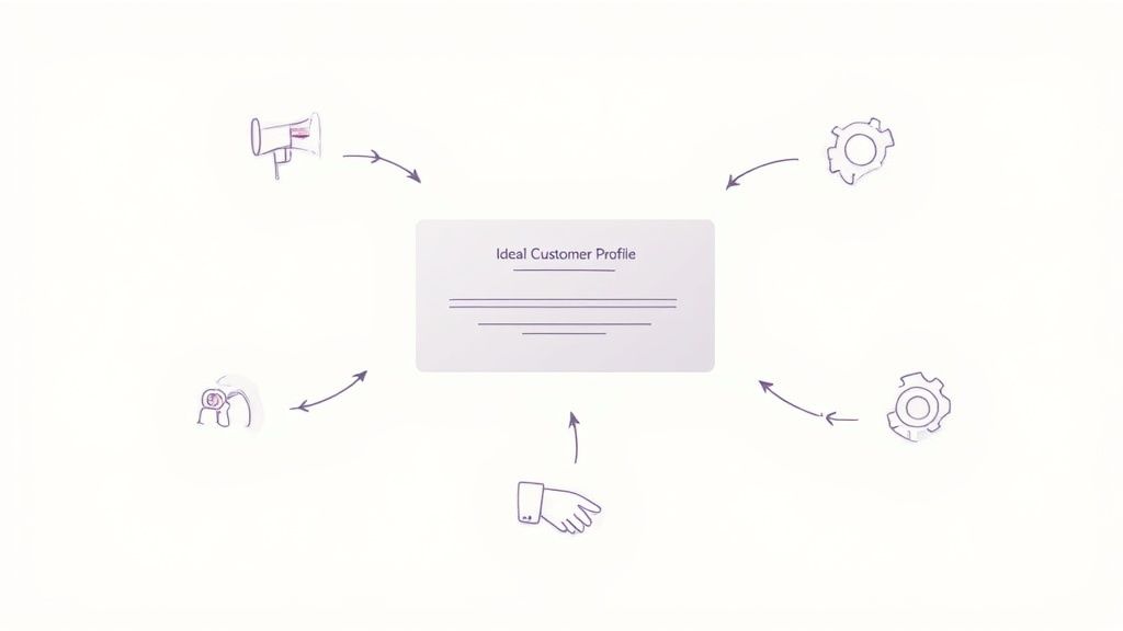 A diagram showing 'Ideal Customer Profile' at the center, surrounded by icons like a megaphone, gears, and a person, connected by arrows.