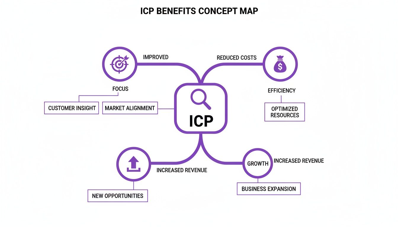 An ICP benefits concept map illustrating advantages like improved focus, reduced costs, increased revenue, and growth.