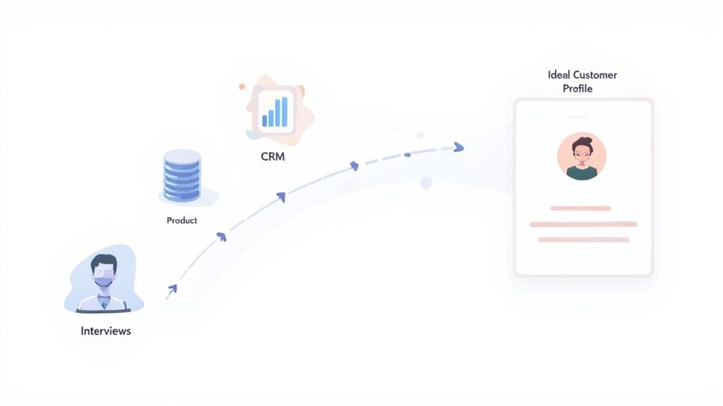 Diagram illustrating how interviews, product data, and CRM insights contribute to building an ideal customer profile.