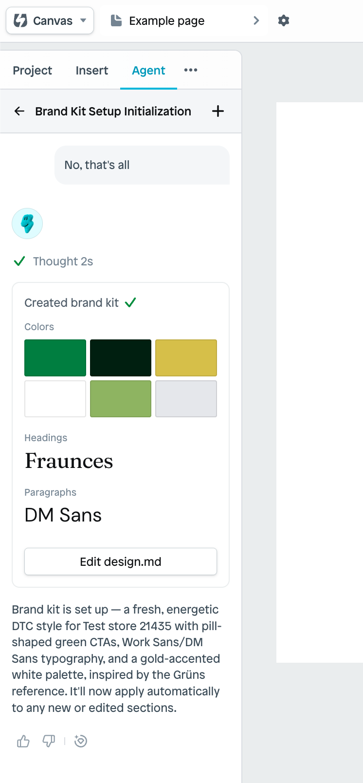 Instant's agent showing a completed Brand Kit with a green and gold palette, Fraunces headings, and DM Sans paragraph text