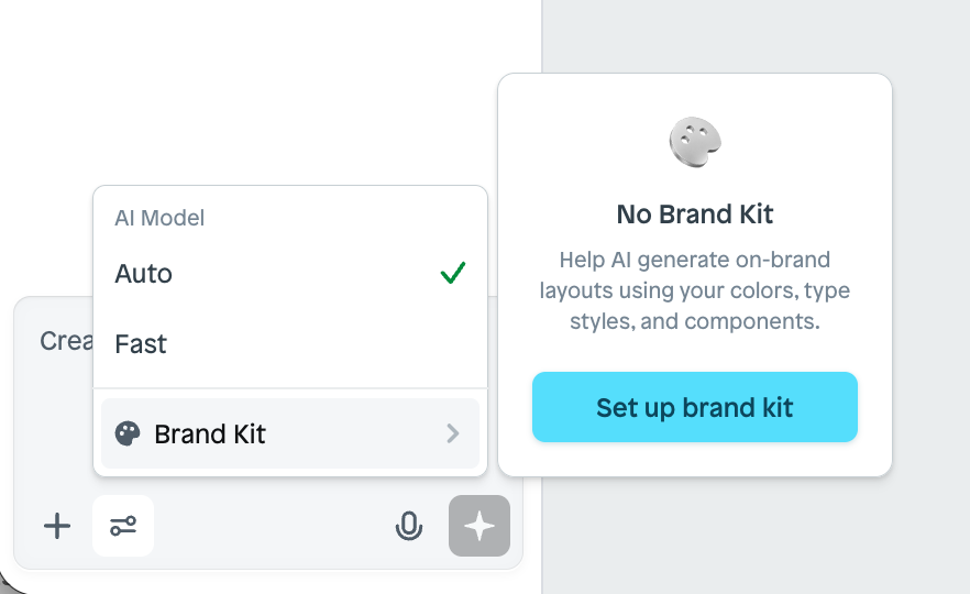 Instant's AI model menu showing that no Brand Kit has been configured and offering to set one up