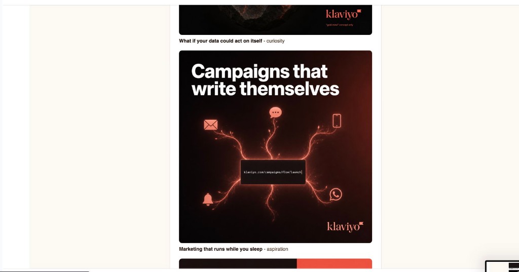 Kelpi-generated ad concepts showing multiple campaign angles for the same website