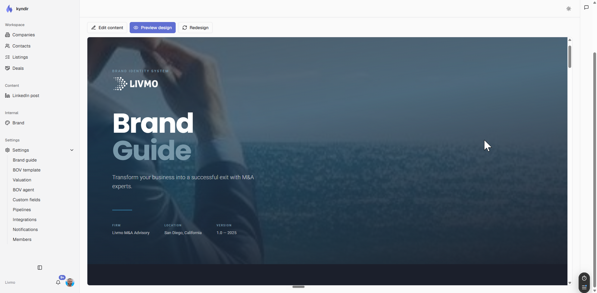 Kyndir's Context.dev integration powering a generated brand guide preview inside the app