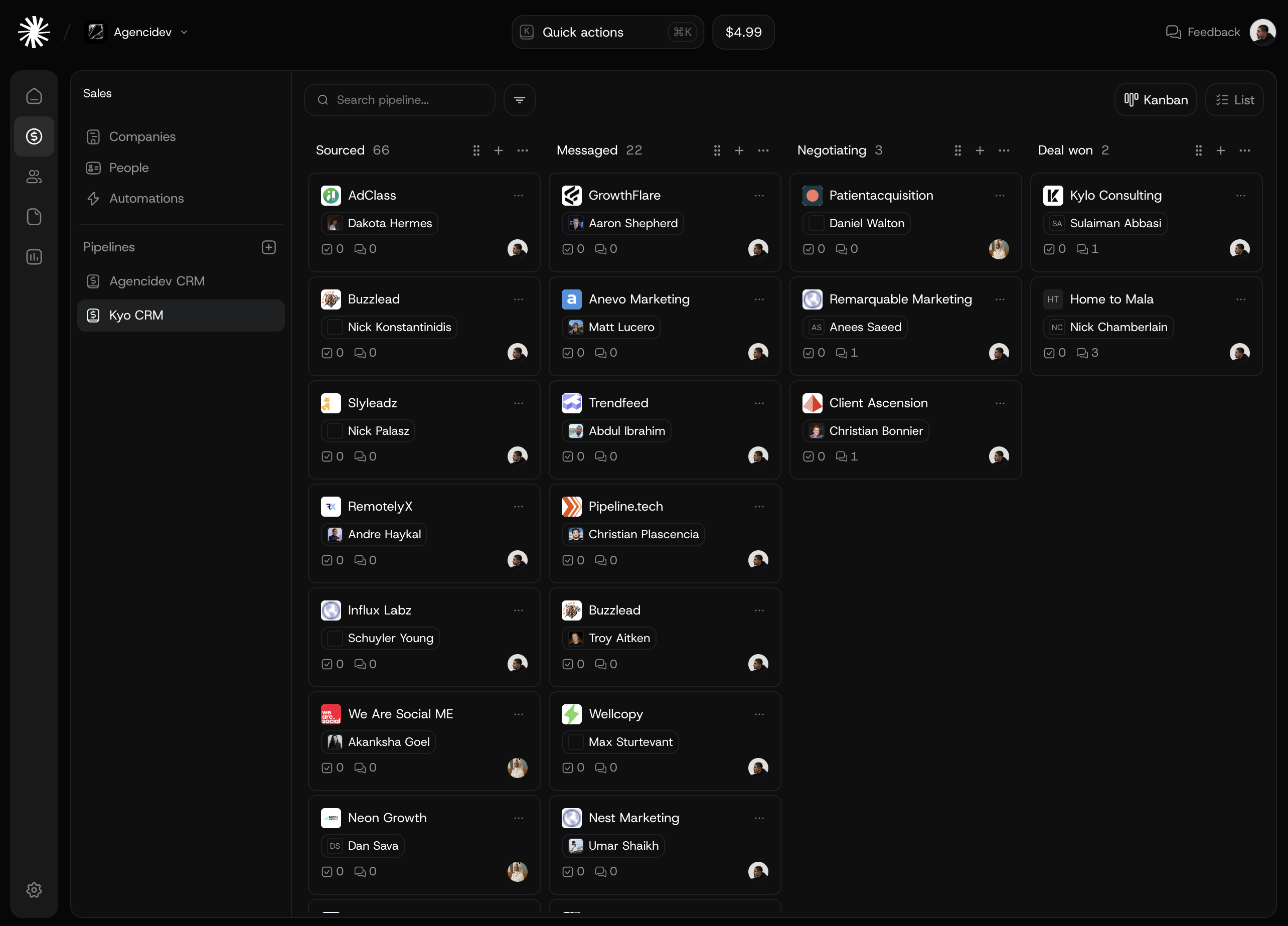 Kyo CRM pipeline showing enriched agency deals organized across sourced, messaged, negotiating, and deal-won stages