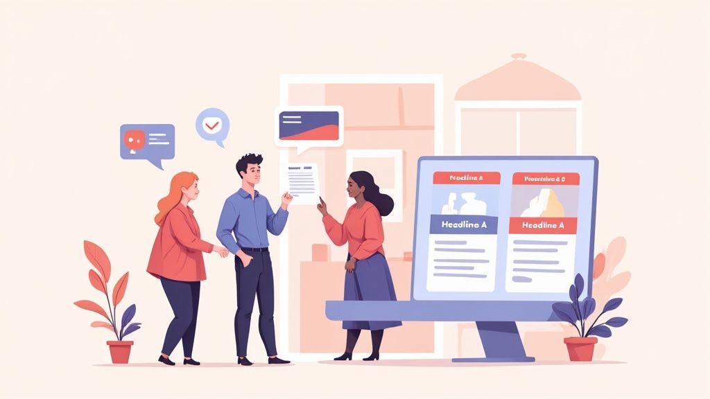 Three diverse colleagues discuss landing page options and content personalization strategies on a large monitor.