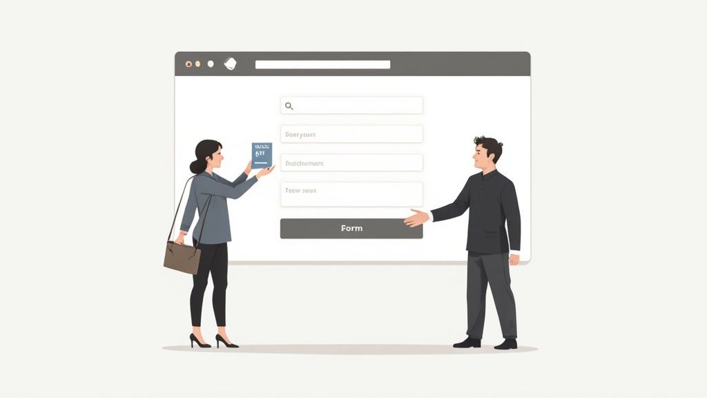 An illustrated lead capture form on a laptop screen, showing fields for name and email, symbolizing digital interaction.