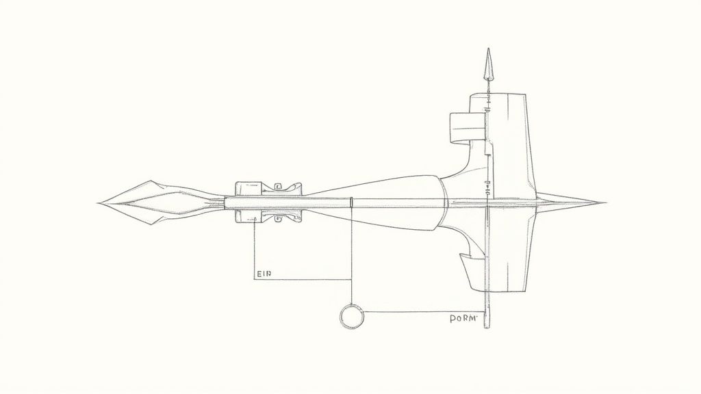 Technical blueprint of an early aerial bomb or projectile design with internal mechanisms.