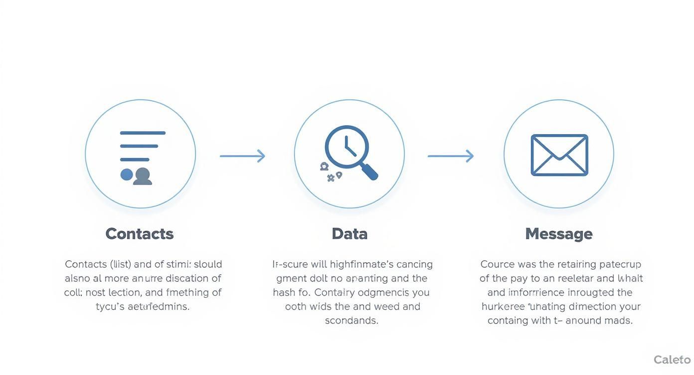 Workflow illustration showing contacts, data processing, and message sending steps.